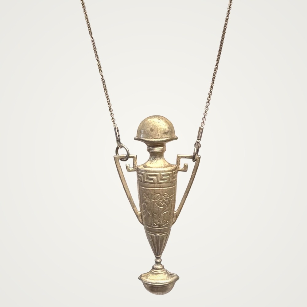 Vintage Gold Tone Greek Urn Pendant Statement Necklace Grecian Revival 28"
